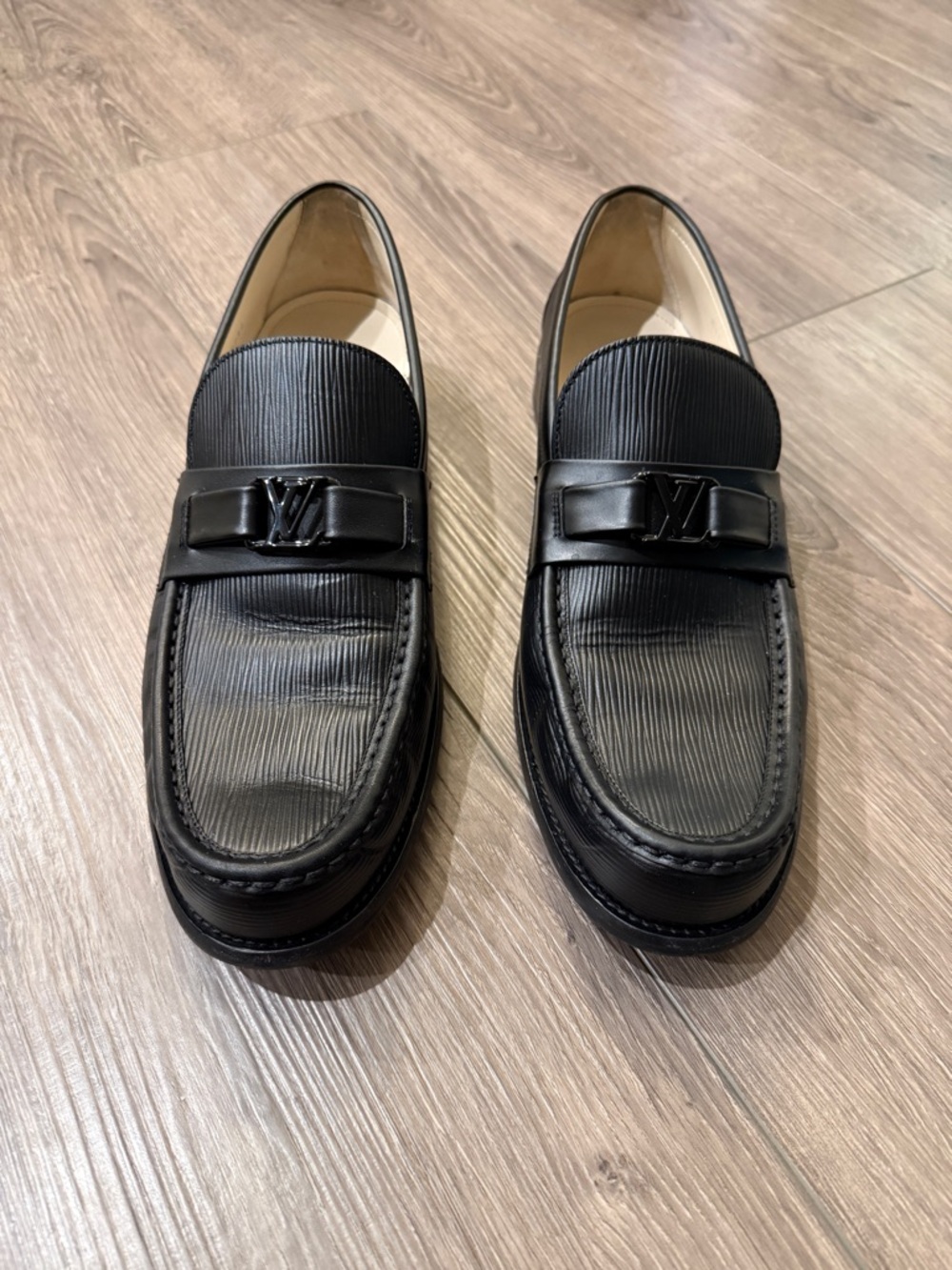 Louis Vuitton Black Textured Leather Penny Loafers with LV Hardware